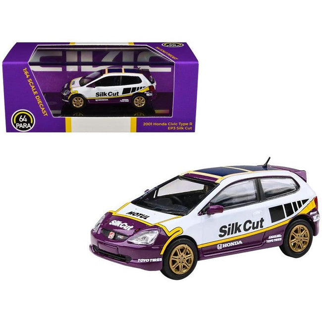 2001 Honda Civic Type R EP3 "Silk Cut" White and Purple with Graphics 1/64 Diecast Model Car by Paragon Models-Paragon-ModelCars.com
