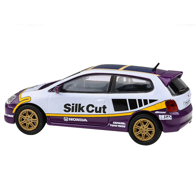 2001 Honda Civic Type R EP3 "Silk Cut" White and Purple with Graphics 1/64 Diecast Model Car by Paragon Models-Paragon-ModelCars.com