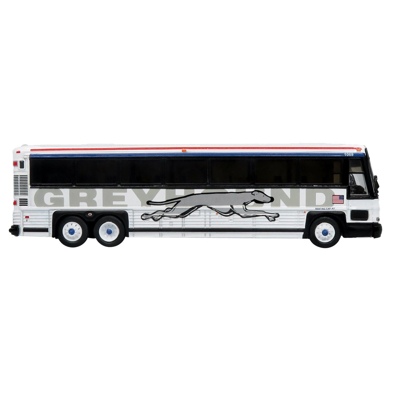 2001 MCI D4000 Coach Bus "Greyhound" White with Red and Blue Stripes "Vintage Bus & Motorcoach Collection" Limited Edition to 504 pieces Worldwide 1/87 (HO) Diecast Model by Iconic Replicas - Iconic Replicas - ModelCars.com