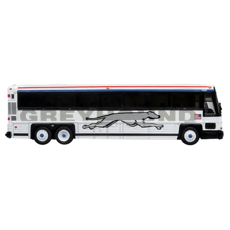 2001 MCI D4000 Coach Bus "Greyhound" White with Red and Blue Stripes "Vintage Bus & Motorcoach Collection" Limited Edition to 504 pieces Worldwide 1/87 (HO) Diecast Model by Iconic Replicas - Iconic Replicas - ModelCars.com