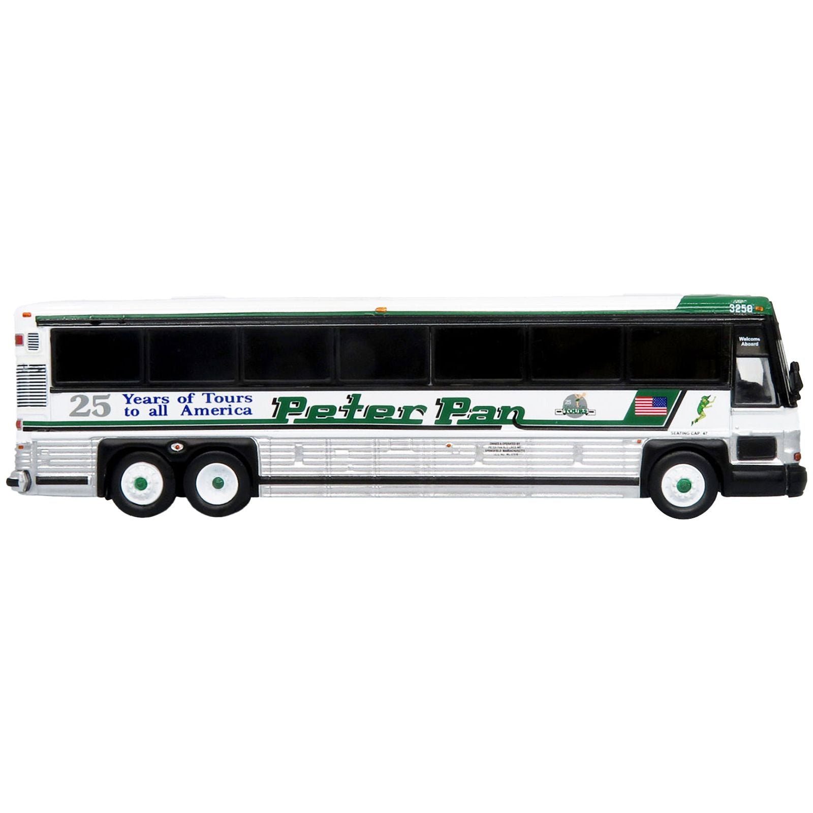 2001 MCI D4000 Coach Bus "Peter Pan 25 Years of Tours to all of America" White and Green "Vintage Bus & Motorcoach Collection" Limited Edition to 504 pieces Worldwide 1/87 (HO) Diecast Model by Iconic Replicas - Iconic Replicas - ModelCars.com
