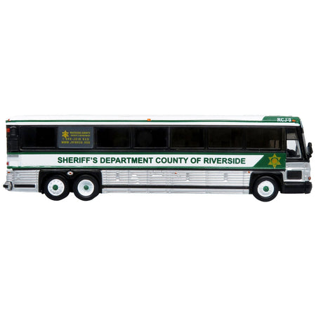 2001 MCI D4000 Coach Bus "Sheriff's Department County of Riverside" White and Green "Vintage Bus & Motorcoach Collection" Limited Edition to 504 pieces Worldwide 1/87 (HO) Diecast Model by Iconic Replicas - Iconic Replicas - ModelCars.com