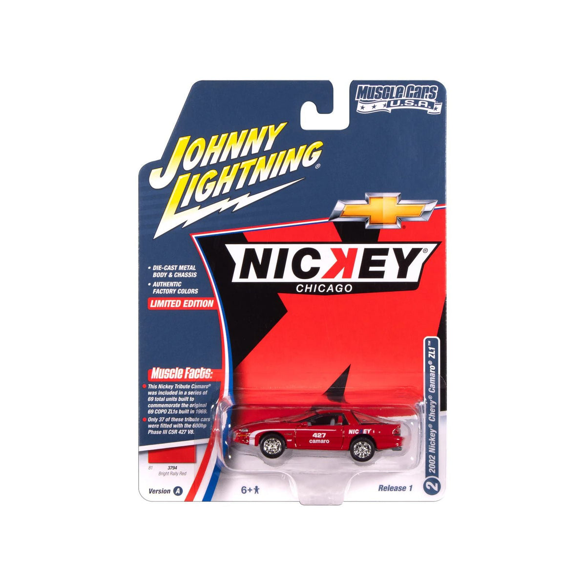 2002 Chevrolet Nickey Camaro ZL1 Bright Rally Red with White Stripes "Muscle Cars USA" Series 1/64 Diecast Model Car by Johnny Lightning-Johnny Lightning-ModelCars.com