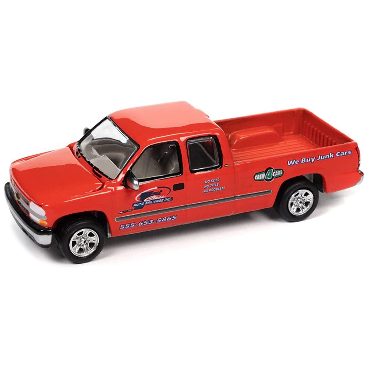 2002 Chevrolet Silverado Pickup Truck Red "Auto Salvage Inc." and Tow Dolly Black "Tow & Go" Series Limited Edition to 3672 pieces Worldwide 1/64 Diecast Model Car by Johnny Lightning-Johnny Lightning-ModelCars.com