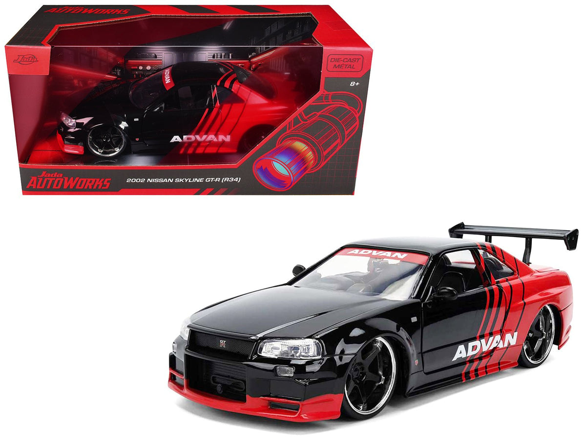 2002 Nissan Skyline GT-R (R34) RHD (Right Hand Drive) "ADVAN" Black and Red "AutoWorks" Series 1/24 Diecast Car Model by Jada-Jada-ModelCars.com