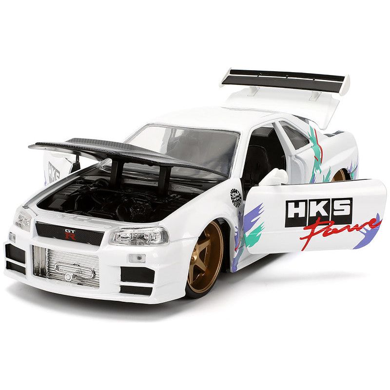2002 Nissan Skyline GT-R (R34) RHD (Right Hand Drive) "HKS Power" White with Carbon Hood and Graphics "JDM Tuners" Series 1/24 Diecast Model Car by Jada-Jada-ModelCars.com