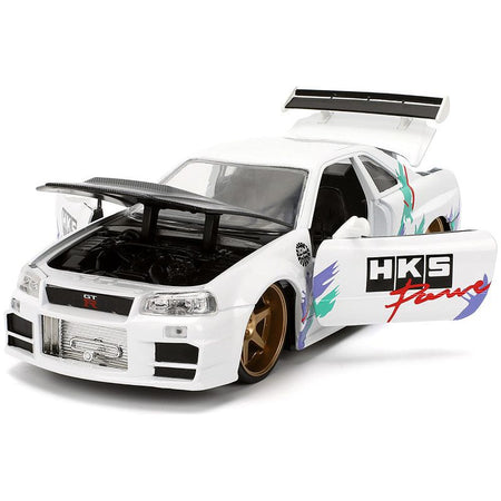 2002 Nissan Skyline GT-R (R34) RHD (Right Hand Drive) "HKS Power" White with Carbon Hood and Graphics "JDM Tuners" Series 1/24 Diecast Model Car by Jada-Jada-ModelCars.com