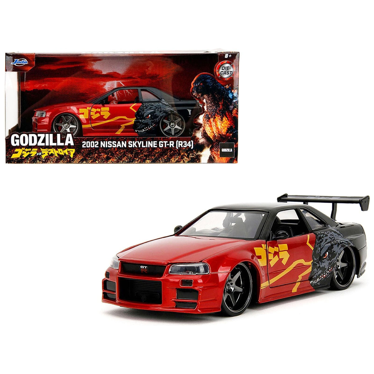 2002 Nissan Skyline GT-R (R34) RHD (Right Hand Drive) Red Metallic and Black "Godzilla vs. Destoroyah" (1995) Movie "Hollywood Rides" Series 1/24 Diecast Model Car by Jada-Jada-ModelCars.com