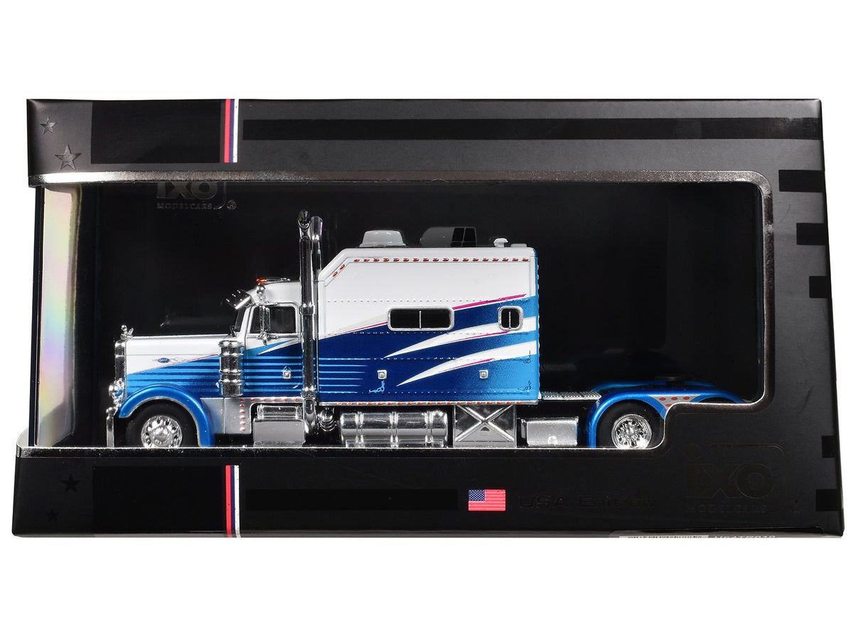 2002 Peterbilt 379 Truck Tractor White and Blue with Graphics 1/64 Diecast Model by IXO Models-Greenlight-ModelCars.com