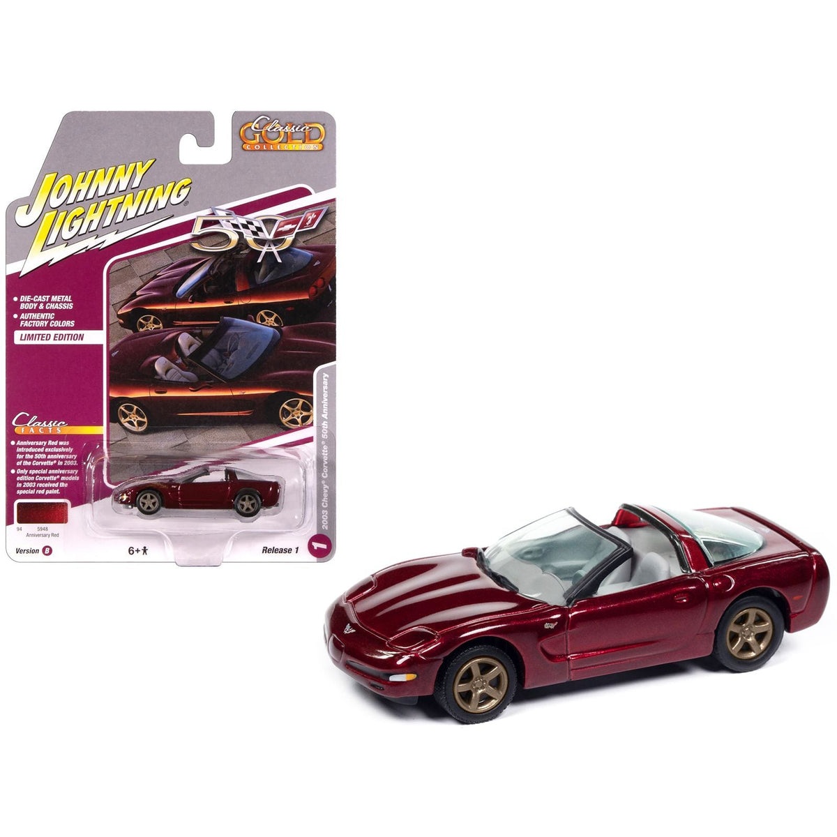 2003 Chevrolet Corvette Convertible "50th Anniversary" Anniversary Red Metallic "Classic Gold Collection" 1/64 Diecast Model Car by Johnny Lightning-Johnny Lightning-ModelCars.com