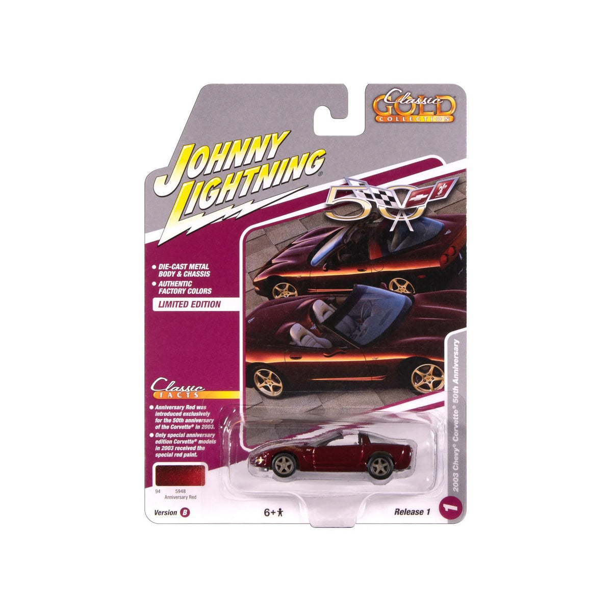 2003 Chevrolet Corvette Convertible "50th Anniversary" Anniversary Red Metallic "Classic Gold Collection" 1/64 Diecast Model Car by Johnny Lightning-Johnny Lightning-ModelCars.com