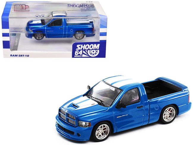 2003 Dodge Ram SRT-10 Pickup Truck Electric Blue Metallic with White Stripes 1/64 Diecast Model Car by Shoom64 Models-SHOOM64-ModelCars.com