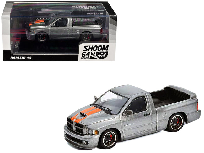 2003 Dodge Ram SRT-10 Pickup Truck Gray Metallic with Orange Stripes 1/64 Diecast Model Car by Shoom64 Models-SHOOM64-ModelCars.com