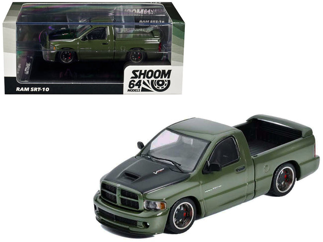 2003 Dodge Ram SRT-10 Pickup Truck Green Metallic with Matt Black Hood 1/64 Diecast Model Car by Shoom64 Models-SHOOM64-ModelCars.com