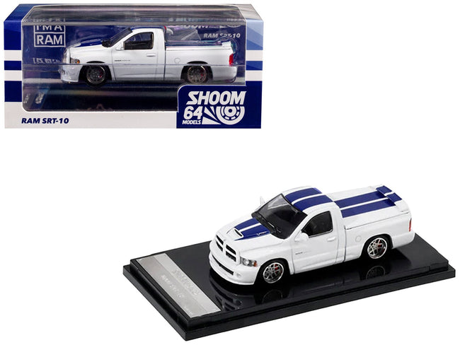 2003 Dodge Ram SRT-10 Pickup Truck White with Blue Stripes 1/64 Diecast Model Car by Shoom64 Models-SHOOM64-ModelCars.com