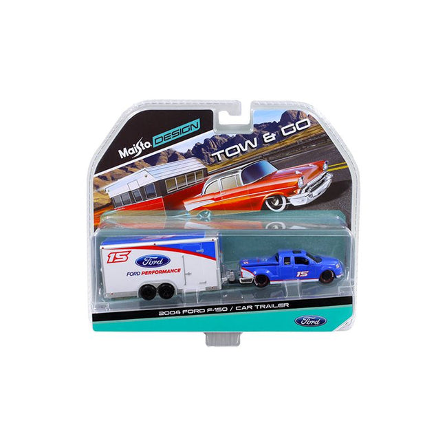 2004 Ford F - 150 Pickup Truck 15 Blue and Car Trailer Tow & Go 1/64 Diecast Model by Maisto - Maisto - ModelCars.com