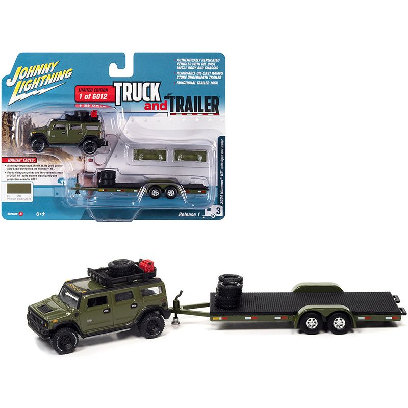 2004 Hummer H2 Medium Sage Green with Open Trailer Limited Edition to 6012 pieces Worldwide "Truck and Trailer" Series 1/64 Diecast Model Car by Johnny Lightning-Johnny Lightning-ModelCars.com
