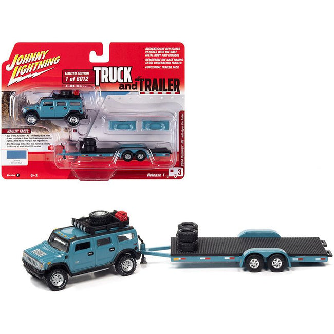2004 Hummer H2 Ocean Blue with Open Trailer Limited Edition to 6012 pieces Worldwide "Truck and Trailer" Series 1/64 Diecast Model Car by Johnny Lightning-Johnny Lightning-ModelCars.com