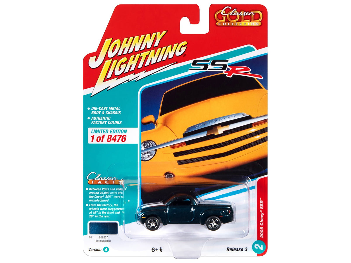 2005 Chevrolet SSR Pickup Truck Bermuda Blue Metallic with White Stripes "Classic Gold Collection" Series Limited Edition to 8476 pieces Worldwide 1/64 Diecast Model Car by Johnny Lightning-Johnny Lightning-ModelCars.com