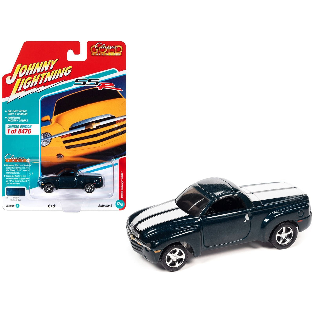 2005 Chevrolet SSR Pickup Truck Bermuda Blue Metallic with White Stripes "Classic Gold Collection" Series Limited Edition to 8476 pieces Worldwide 1/64 Diecast Model Car by Johnny Lightning-Johnny Lightning-ModelCars.com