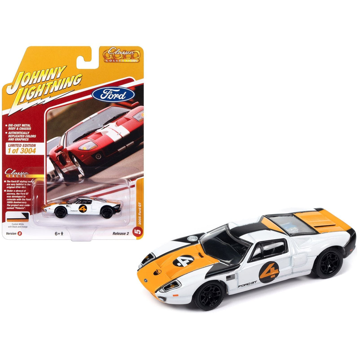 2005 Ford GT 4 White with Orange and Black Stripes "Classic Gold Collection" 2023 Release 2 Limited Edition to 3004 pieces Worldwide 1/64 Diecast Model Car by Johnny Lightning-Johnny Lightning-ModelCars.com