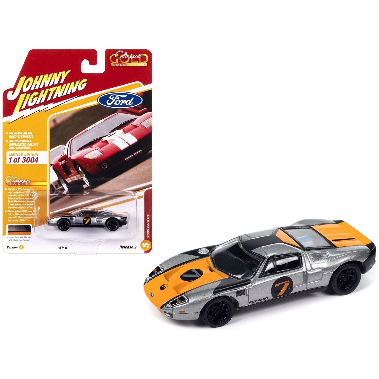 2005 Ford GT 7 Gunmetal Gray Metallic with Orange and Black Stripes "Classic Gold Collection" 2023 Release 2 Limited Edition to 3004 pieces Worldwide 1/64 Diecast Model Car by Johnny Lightning - Johnny Lightning - ModelCars.com