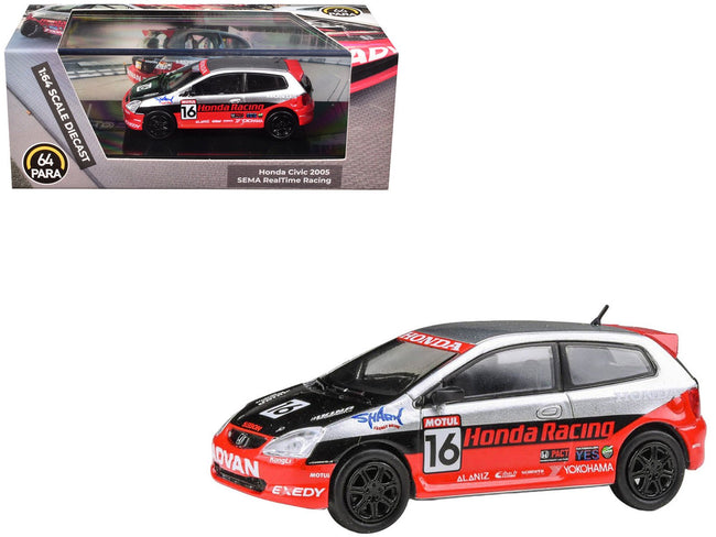 2005 Honda Civic #16 "SEMA RealTime Racing" Silver Metallic and Red with Black Graphics 1/64 Diecast Model Car by Paragon Models-Paragon-ModelCars.com