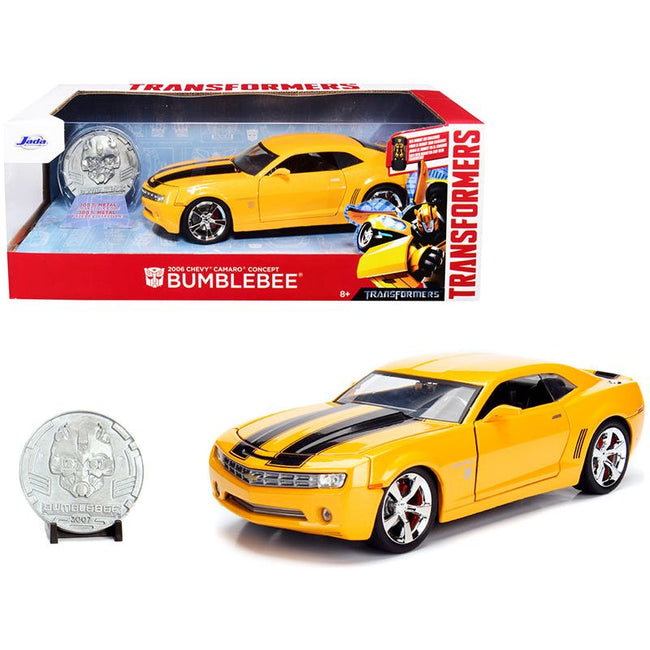 2006 Chevrolet Camaro Concept Yellow Bumblebee with Robot on Chassis and Collectible Metal Coin "Transformers" Movie 1/24 Diecast Model Car by Jada - Jada - ModelCars.com