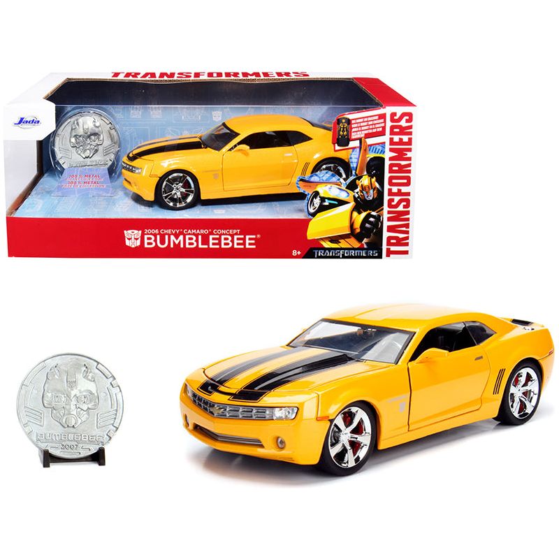 2006 Chevrolet Camaro Concept Yellow Bumblebee with Robot on Chassis and Collectible Metal Coin "Transformers" Movie 1/24 Diecast Model Car by Jada-Jada-ModelCars.com