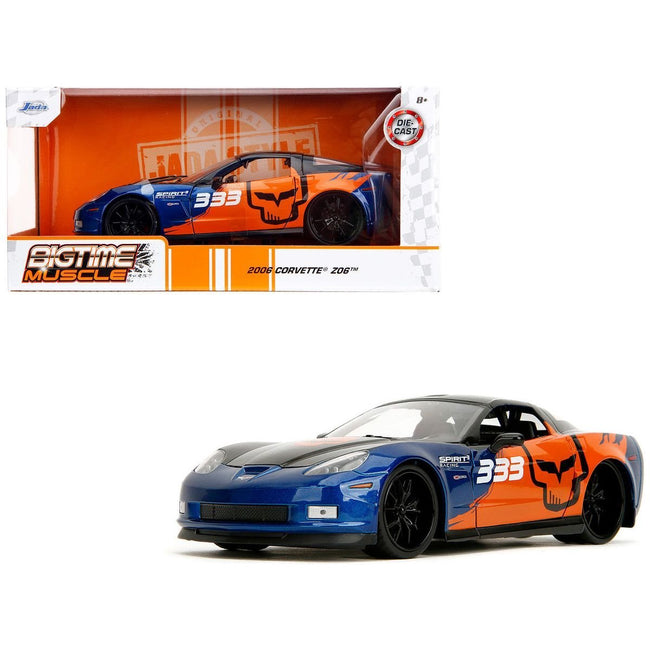 2006 Chevrolet Corvette Z06 #333 "Spirit Racing" Blue Metallic and Orange with Black Hood and Top "Bigtime Muscle" Series 1/24 Diecast Model Car by Jada-Jada-ModelCars.com