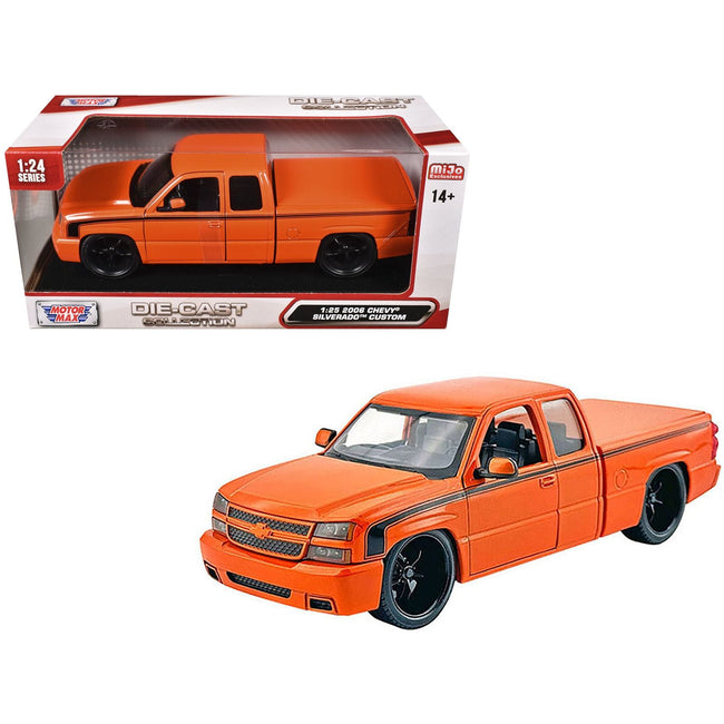 2006 Chevrolet Silverado Custom Pickup Truck Orange Metallic with Black Stripes "Die-Cast Collection" Series 1/25 Diecast Model Car by Motormax-Motormax-ModelCars.com