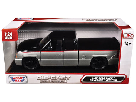 2006 Chevrolet Silverado Custom Pickup Truck Silver Metallic and Black with Red Stripes "Die-Cast Collection" Series 1/25 Diecast Model Car by Motormax-Motormax-ModelCars.com
