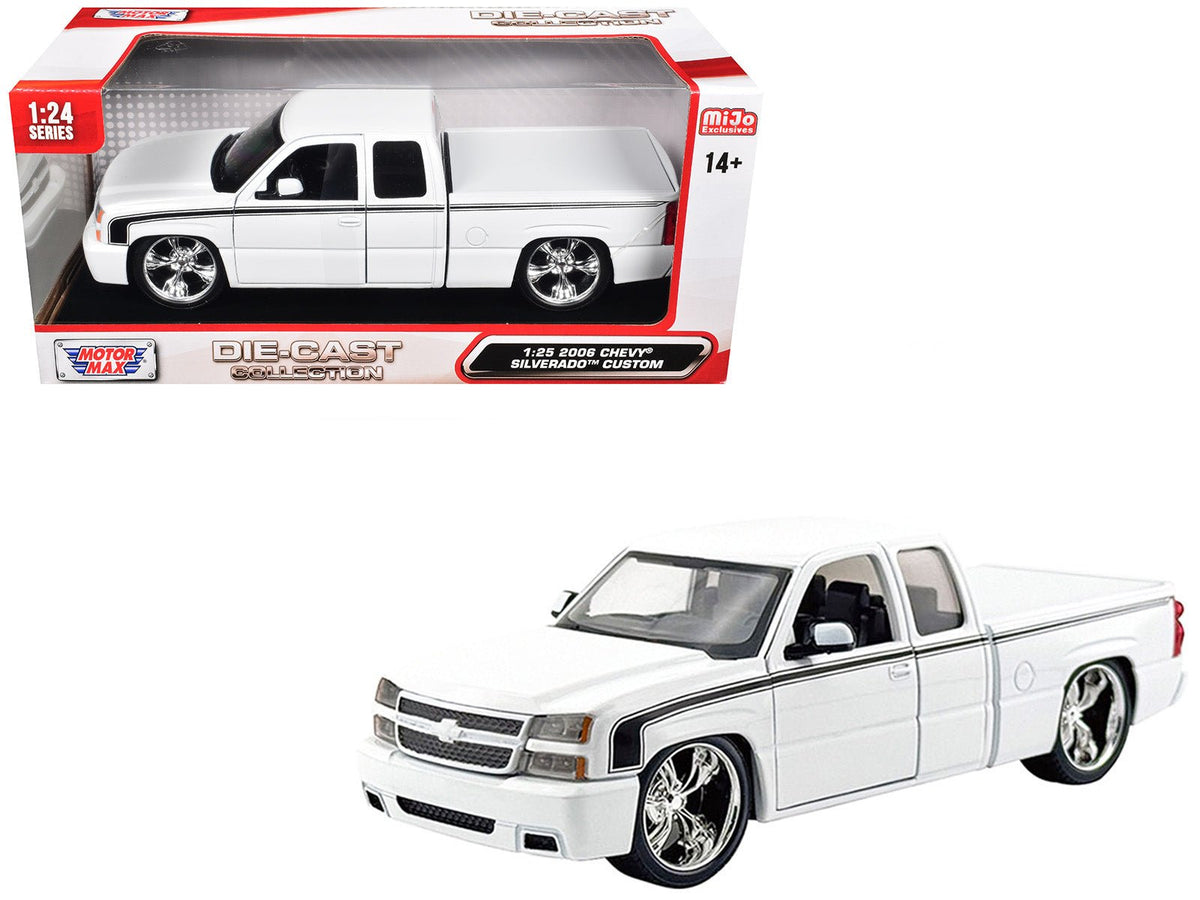 2006 Chevrolet Silverado Custom Pickup Truck White with Black Stripes "Die-Cast Collection" Series 1/25 Diecast Model Car by Motormax-Motormax-ModelCars.com