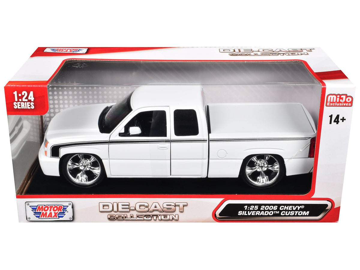 2006 Chevrolet Silverado Custom Pickup Truck White with Black Stripes "Die-Cast Collection" Series 1/25 Diecast Model Car by Motormax-Motormax-ModelCars.com