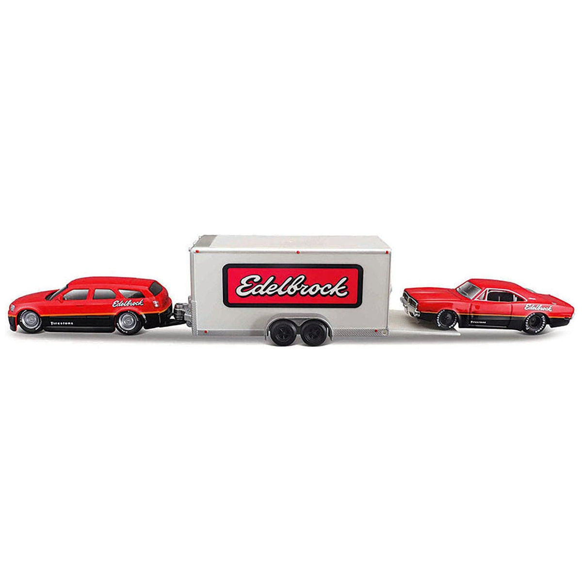 2006 Dodge Magnum R/T Red and Black and 1969 Dodge Charger R/T Red and Black with Enclosed Car Trailer "Edelbrock" "Team Haulers" Series 1/64 Diecast Model Car by Maisto - Maisto - ModelCars.com