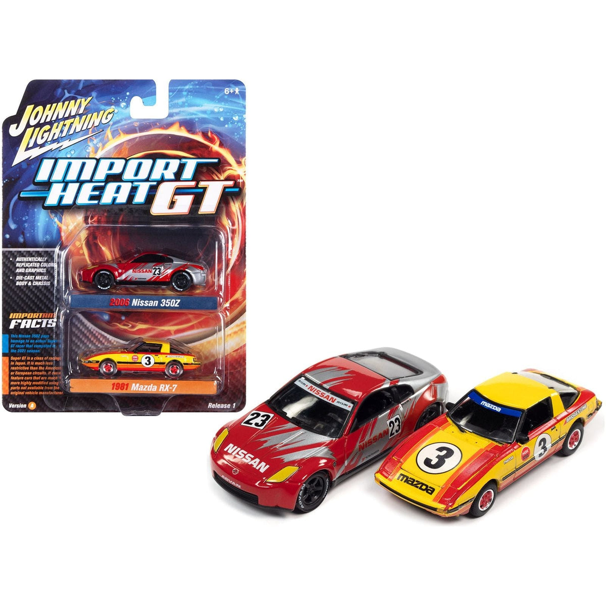 2006 Nissan 350Z 23 Red and Silver with Graphics and 1981 Mazda RX-7 3 Yellow with Stripes "Import Heat GT" Set of 2 Cars 1/64 Diecast Model Cars by Johnny Lightning-Johnny Lightning-ModelCars.com