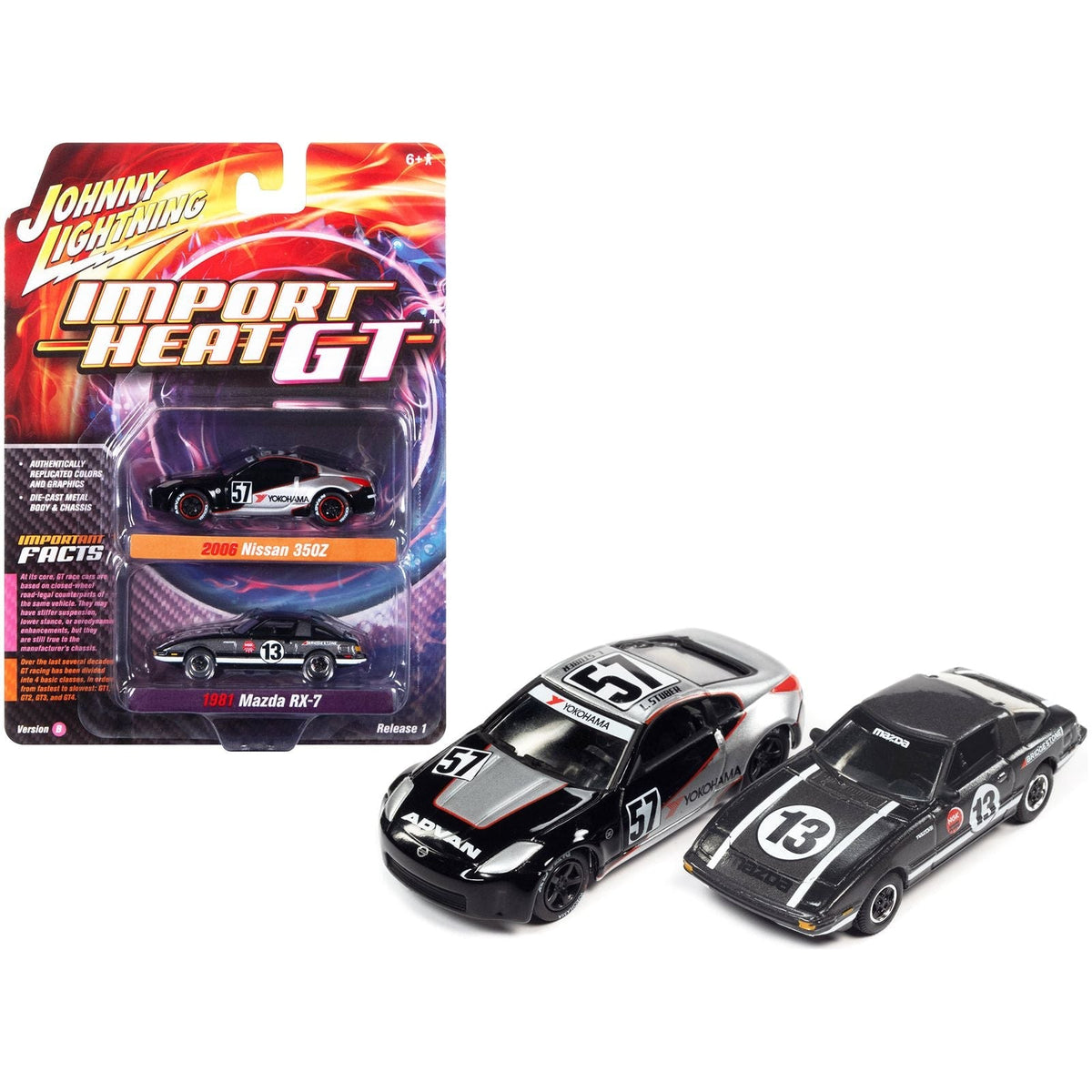 2006 Nissan 350Z 57 Black and Silver with Graphics and 1981 Mazda RX-7 13 Dark Silver with Stripes "Import Heat GT" Set of 2 Cars 1/64 Diecast Model Cars by Johnny Lightning-Johnny Lightning-ModelCars.com