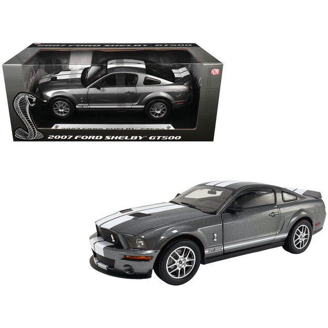 2007 Ford Shelby GT500 Alloy Gray Metallic with White Stripes "Shelby Collectibles" Series 1/18 Diecast Model Car by ACME-Acme-ModelCars.com