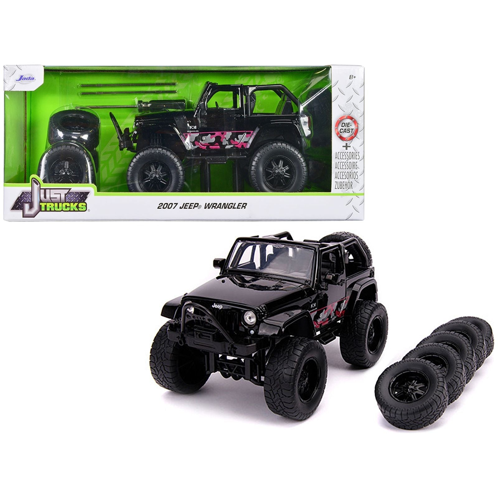 2007 Jeep Wrangler Black with Extra Wheels "Just Trucks" Series 1/24 Diecast Model Car by Jada - Jada - ModelCars.com