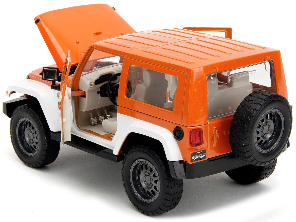 2007 Jeep Wrangler Orange Metallic and White and Orange M&M Diecast Figure "M&M's" "Hollywood Rides" Series 1/24 Diecast Model Car by Jada-Jada-ModelCars.com