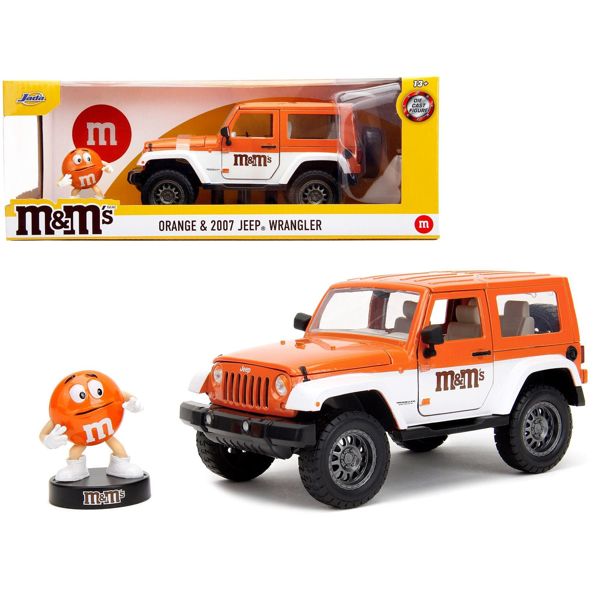 2007 Jeep Wrangler Orange Metallic and White and Orange M&M Diecast Figure "M&M's" "Hollywood Rides" Series 1/24 Diecast Model Car by Jada-Jada-ModelCars.com