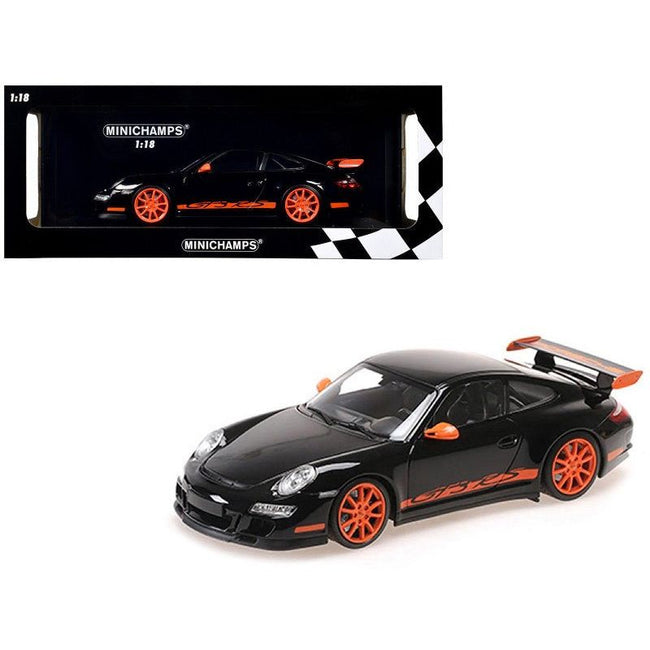2007 Porsche 911 GT3 RS Black with Orange Stripes 1/18 Diecast Model Car by Minichamps-Minichamps-ModelCars.com
