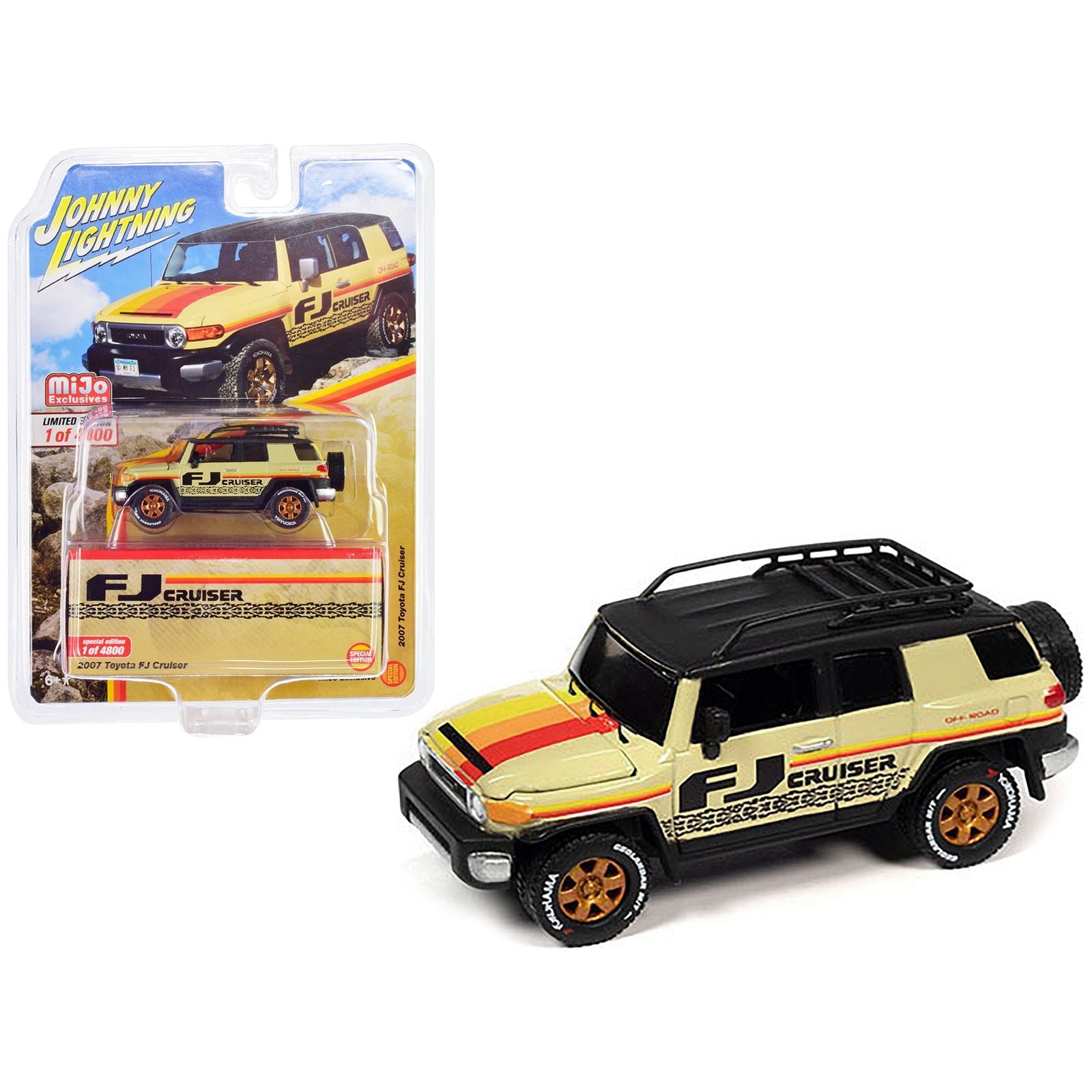 2007 Toyota FJ Cruiser Beige with Stripes and Black Top with Roofrack Limited Edition to 4800 pieces Worldwide 1/64 Diecast Model Car by Johnny Lightning - Johnny Lightning - ModelCars.com