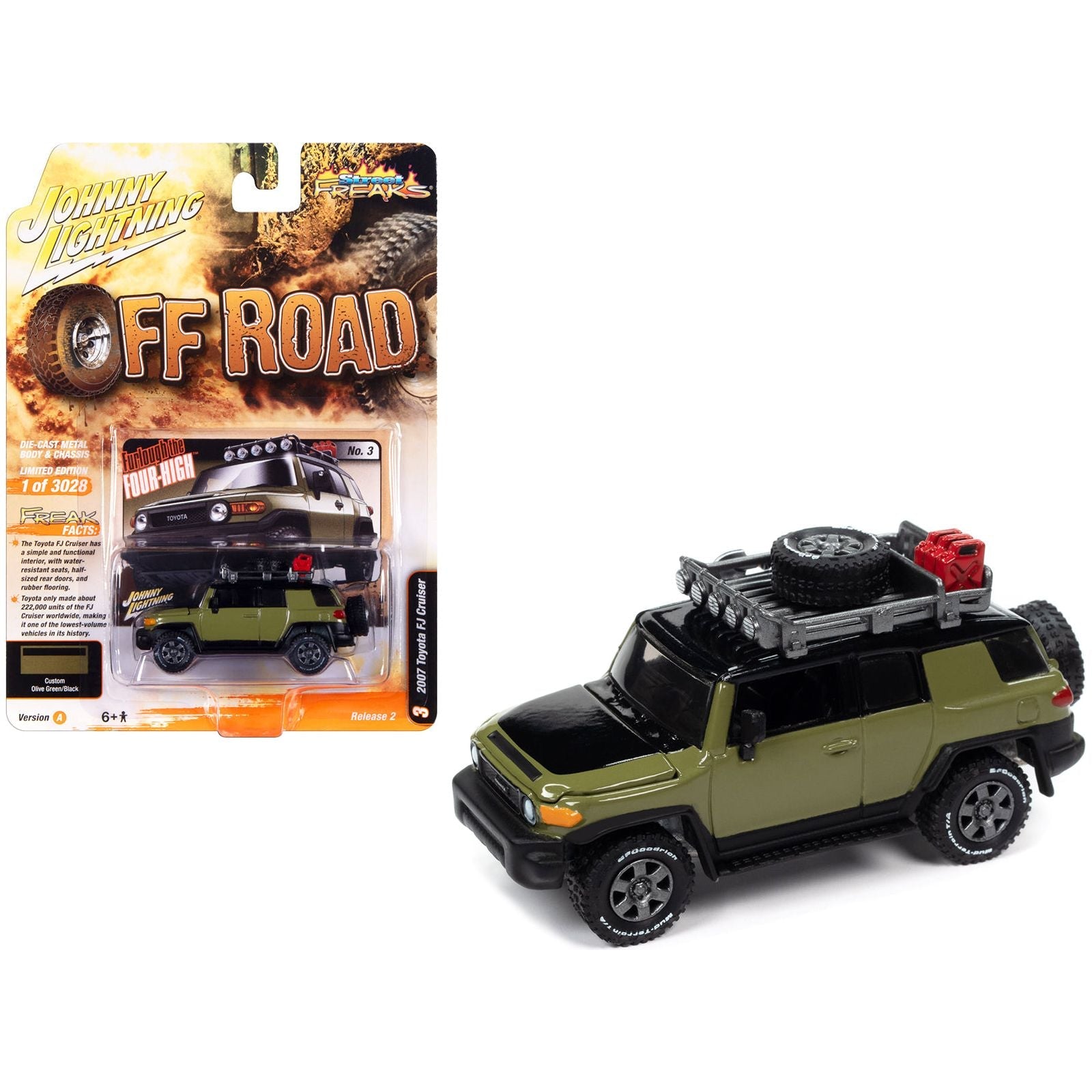 2007 Toyota FJ Cruiser "Furlough the Four - High" Olive Green with Black Hood and Top and Roof Rack "Off Road" Limited Edition to 3028 pieces Worldwide "Street Freaks" Series 1/64 Diecast Model Car by Johnny Lightning - Johnny Lightning - ModelCars.com