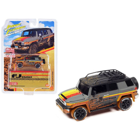 2007 Toyota FJ Cruiser Gray with Stripes (Muddy Version) with Roofrack Limited Edition to 4800 pieces Worldwide 1/64 Diecast Model Car by Johnny Lightning-Johnny Lightning-ModelCars.com