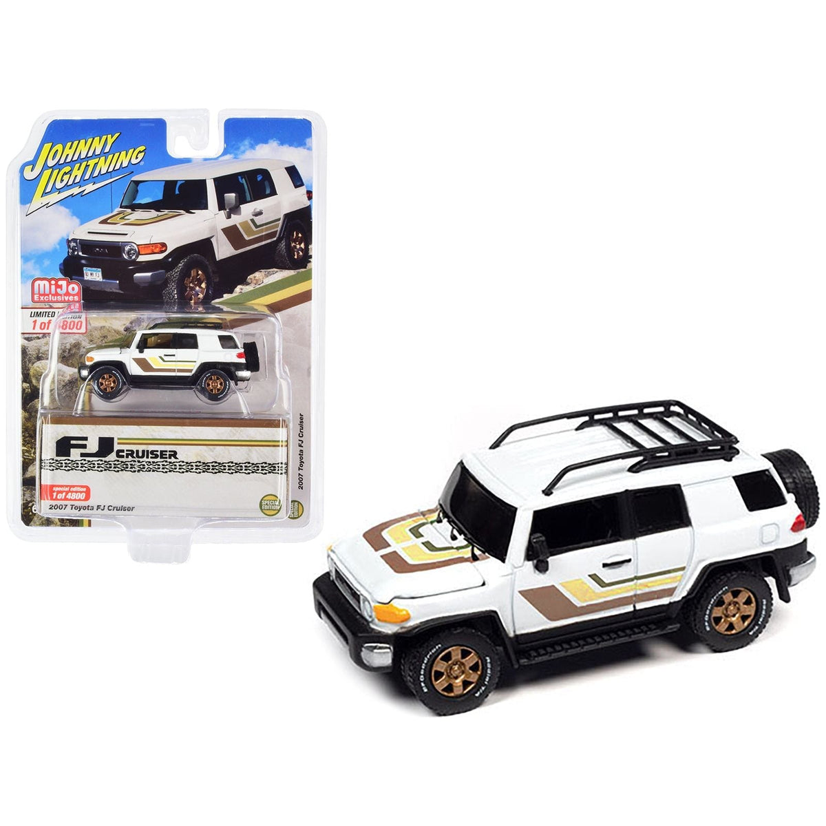 2007 Toyota FJ Cruiser White with Stripes and Roofrack Limited Edition to 4800 pieces Worldwide 1/64 Diecast Model Car by Johnny Lightning-Johnny Lightning-ModelCars.com