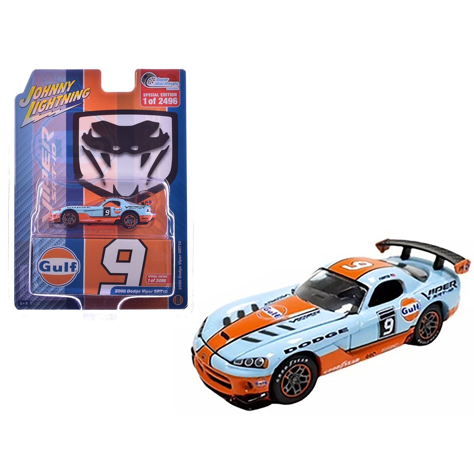 2008 Dodge Viper SRT10 9 "Gulf Oil" Light Blue and Orange Limited Edition to 2496 pieces Worldwide 1/64 Diecast Model Car by Johnny Lightning - Johnny Lightning - ModelCars.com