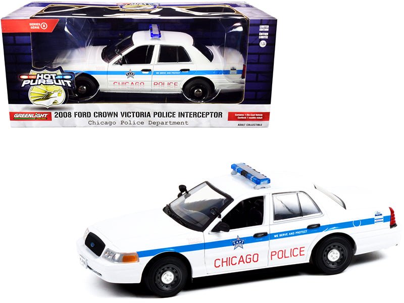 2008 Ford Crown Victoria Police Interceptor "CAPS" White with Blue Stripes "Chicago Police Department" "Hot Pursuit" Series 1/24 Diecast Model Car by Greenlight-Greenlight-ModelCars.com