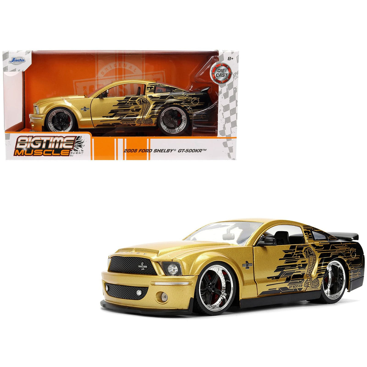 2008 Ford Shelby Mustang GT-500KR Gold Metallic and Black with Graphics "Bigtime Muscle" Series 1/24 Diecast Model Car by Jada-Jada-ModelCars.com