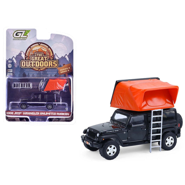 2008 Jeep Wrangler Unlimited Rubicon Dark Charcoal with Modern Rooftop Camper "The Great Outdoors" Series 4 1/64 Diecast Model Car by Greenlight-Greenlight-ModelCars.com